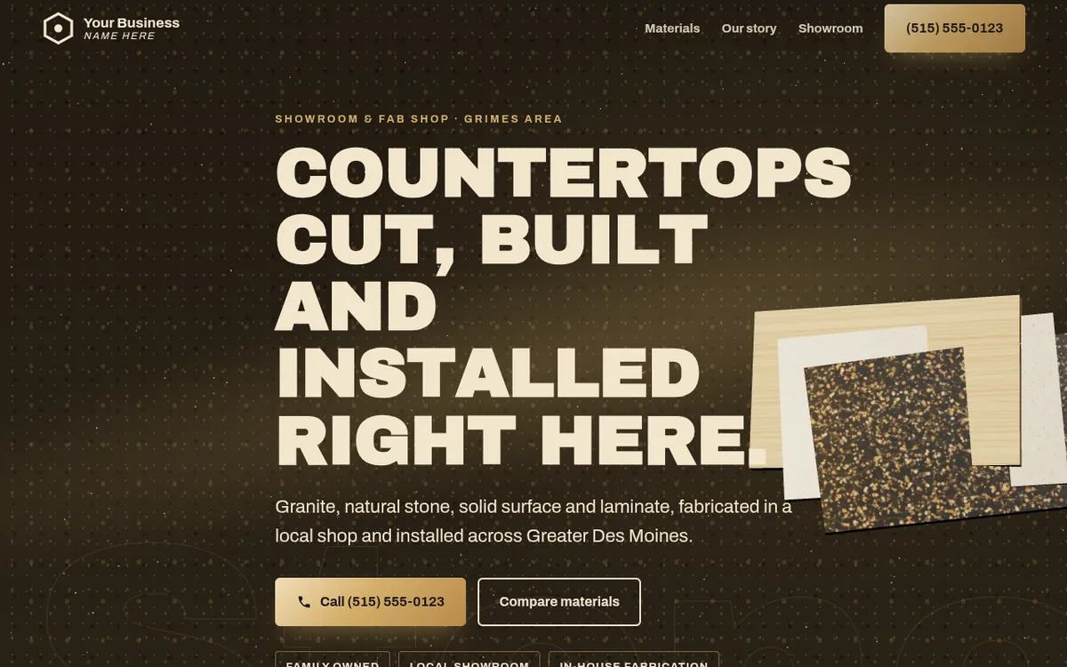 Concept homepage for a countertop fabricator: 3D wood, quartz and granite slabs fanning out beside the headline