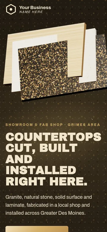 Concept homepage for a countertop fabricator: 3D wood, quartz and granite slabs fanning out beside the headline