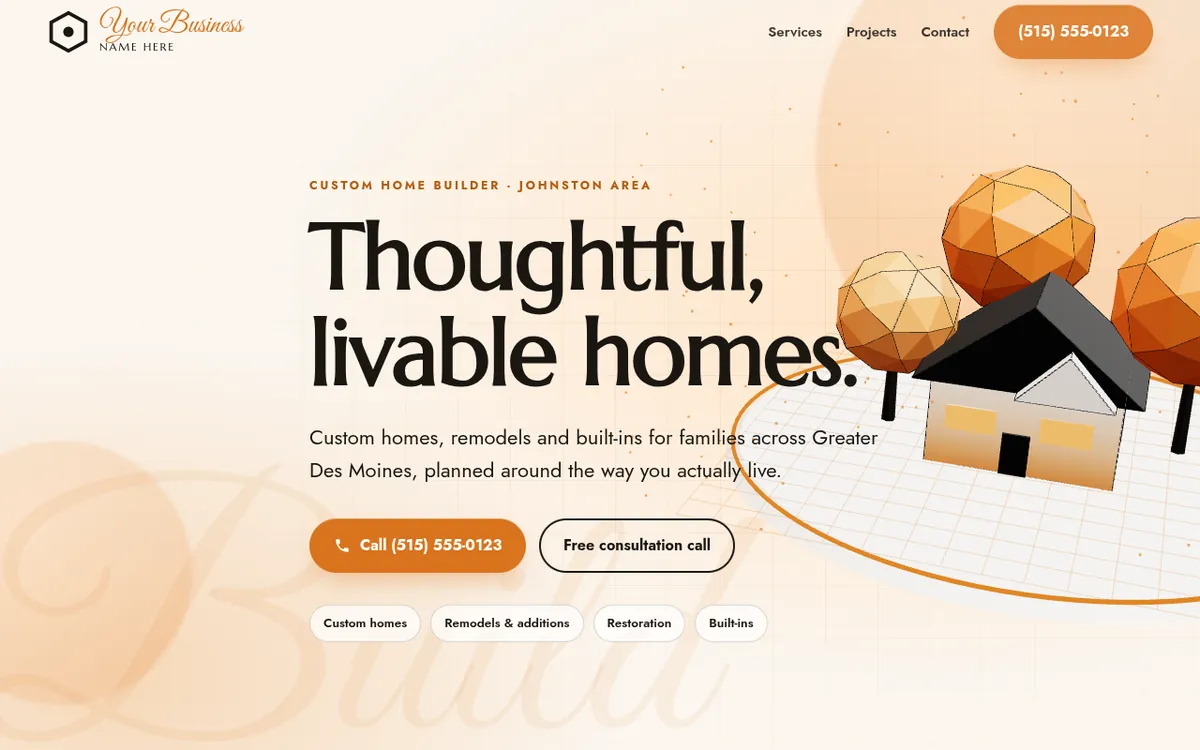 Concept homepage for a custom home builder: a 3D house and low-poly trees assemble on a blueprint grid beside the headline