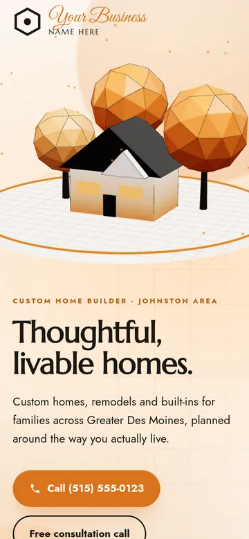 Concept homepage for a custom home builder: a 3D house and low-poly trees assemble on a blueprint grid beside the headline