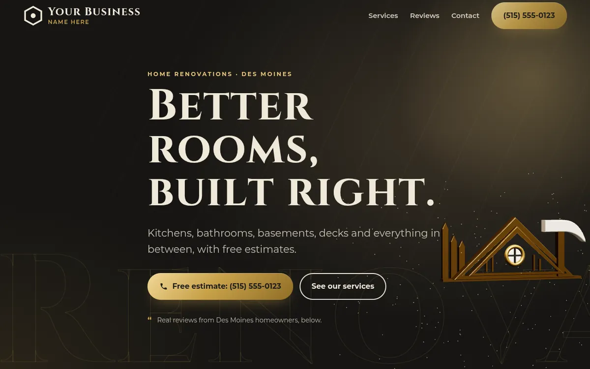 Concept homepage for a home renovation company: a polished gold 3D roof frame and hammer on a dark background