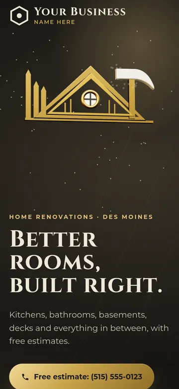 Concept homepage for a home renovation company: a polished gold 3D roof frame and hammer on a dark background
