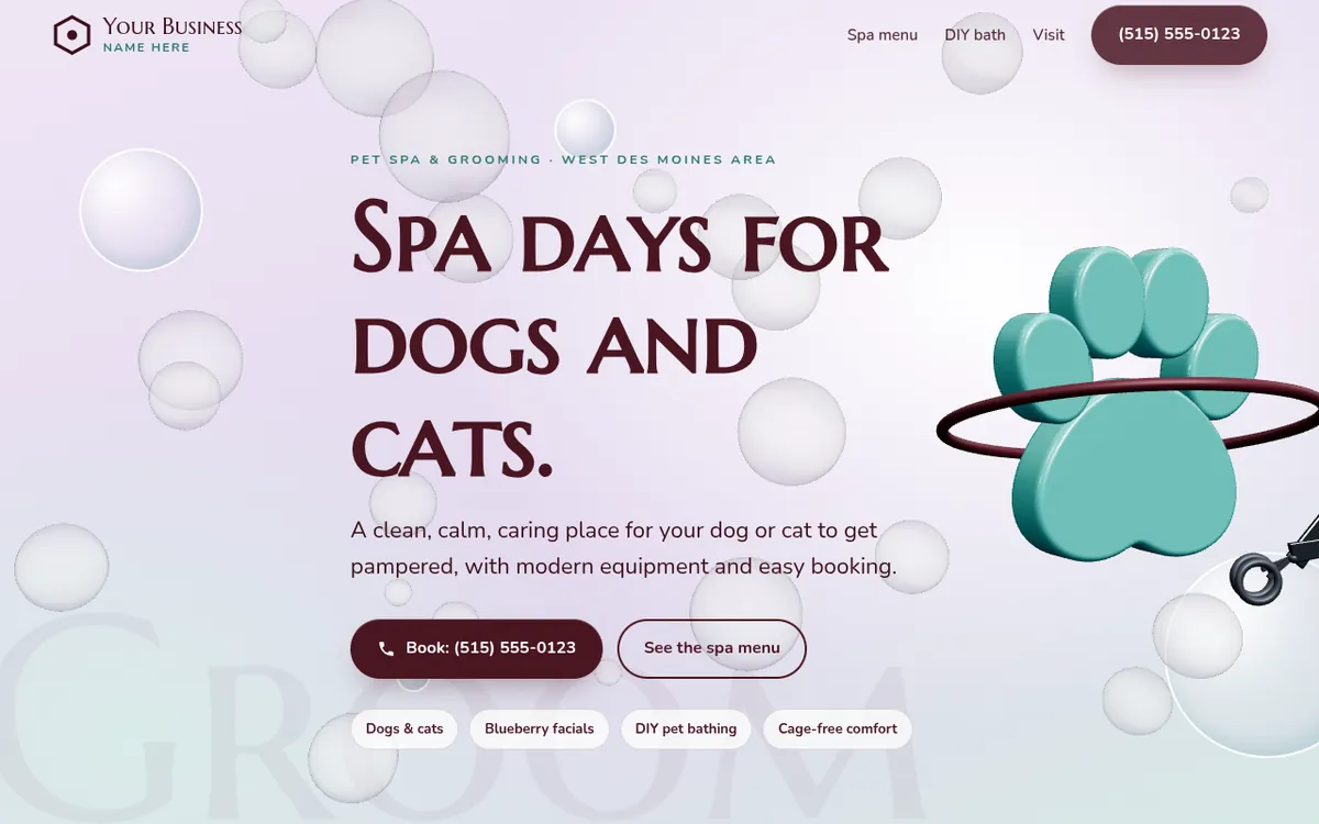 Concept homepage for a pet spa: a glossy 3D paw with floating bubbles and snipping scissors