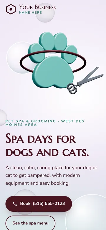 Concept homepage for a pet spa: a glossy 3D paw with floating bubbles and snipping scissors