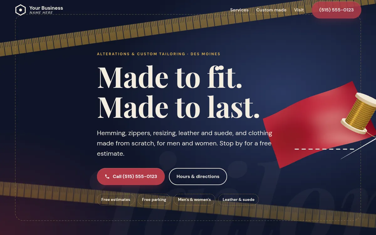 Concept homepage for a tailor: waving 3D silk fabric with a spool of gold thread stitching a seam
