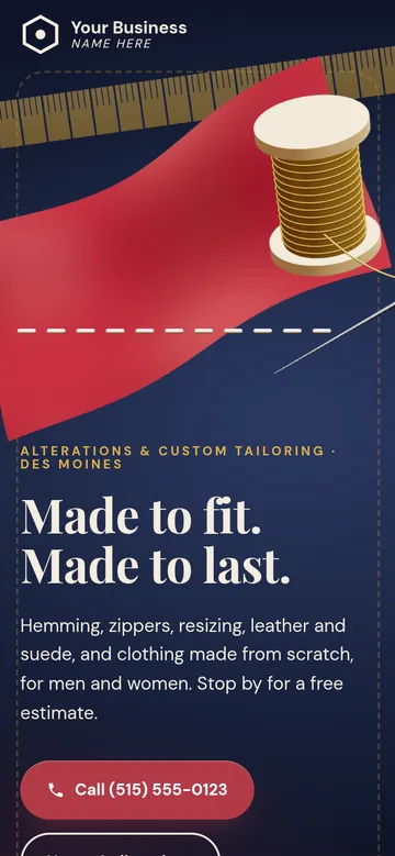 Concept homepage for a tailor: waving 3D silk fabric with a spool of gold thread stitching a seam
